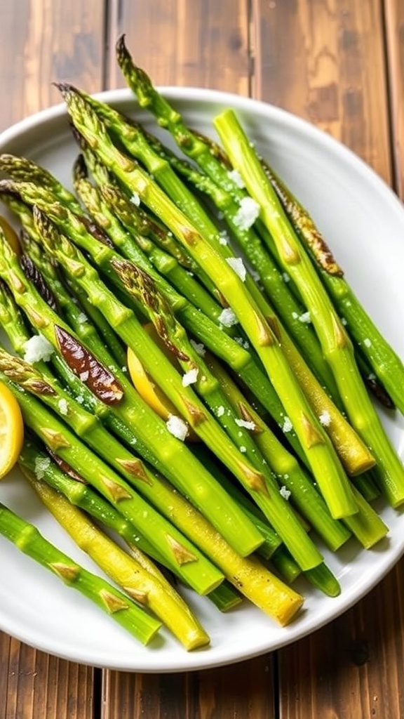 A plate of grilled asparagus spears seasoned with lemon and salt, on a rustic wooden table.